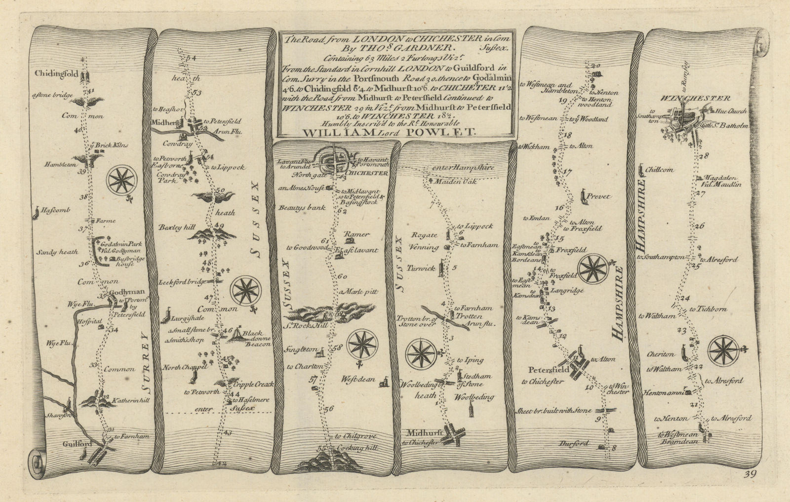 Guildford - Godalming - Chichester - Winchester. GARDNER road map #39 1719