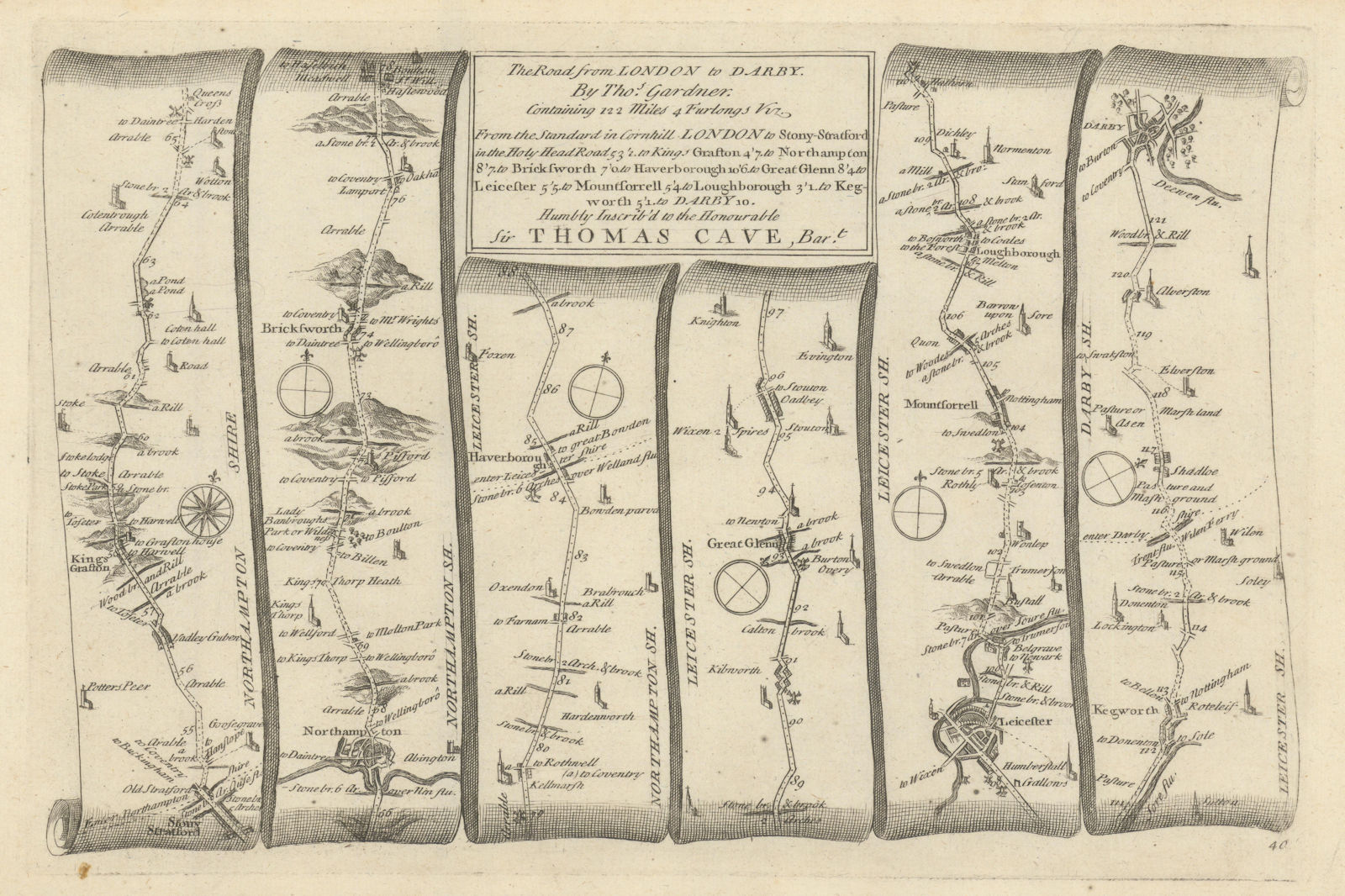 Northampton - Leicester - Loughborough - Derby. GARDNER road map #40 1719