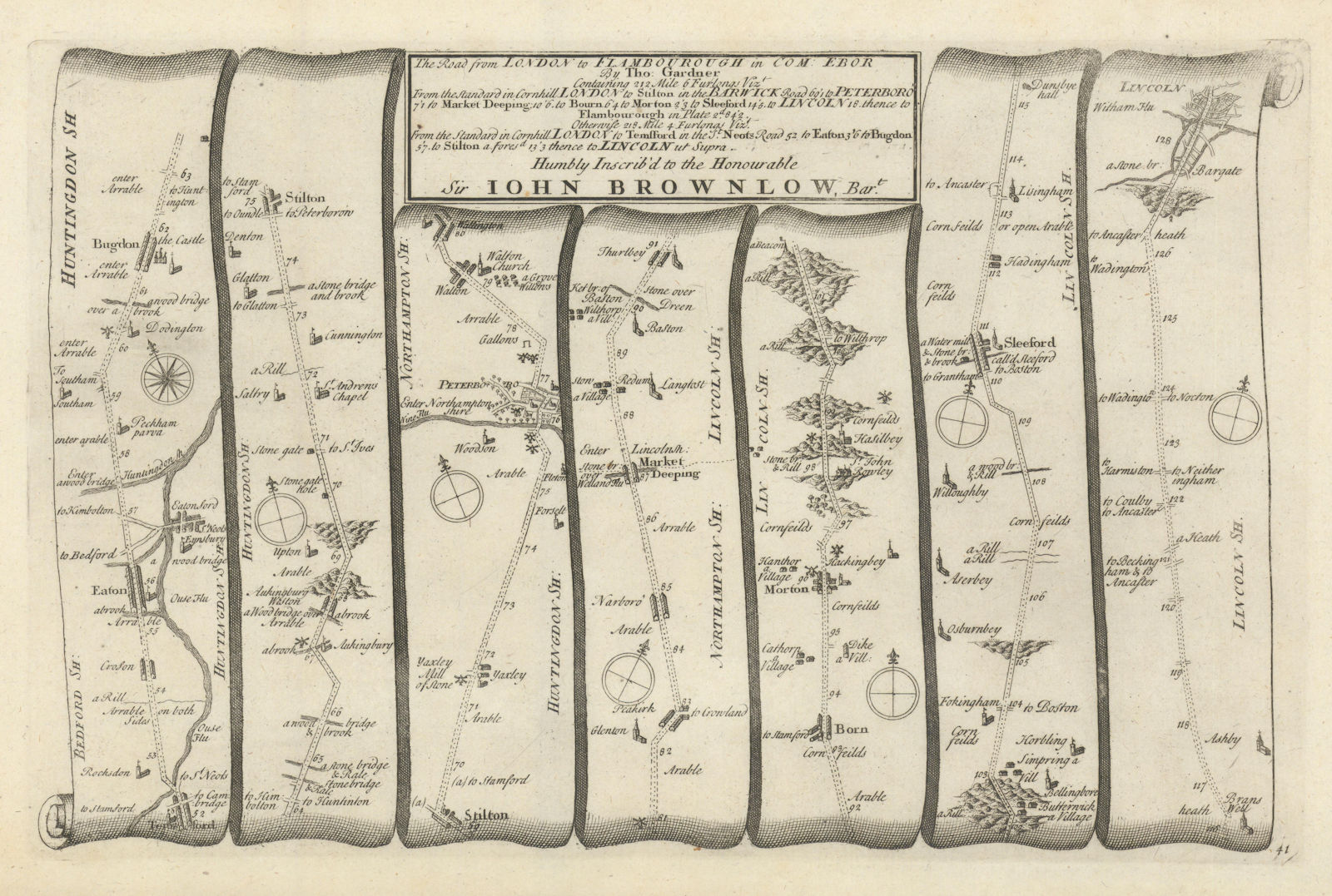 Stilton - Peterborough - Sleaford - Lincoln. GARDNER road map #41 1719 old