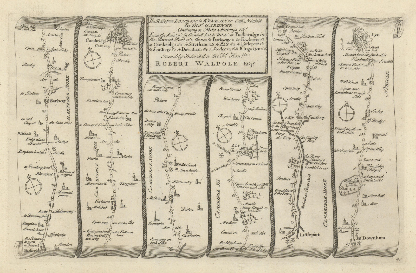 Puckeridge - Cambridge - Ely - King's Lynn. GARDNER road map #43 1719 old