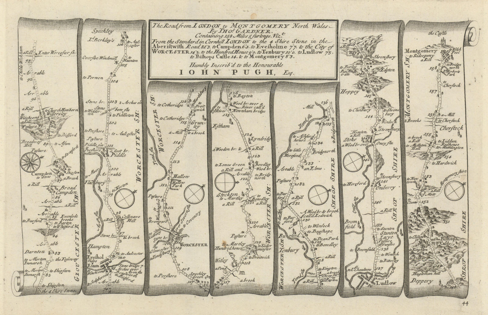 Chipping Campden - Worcester - Ludlow - Montgomery GARDNER road map #44 1719