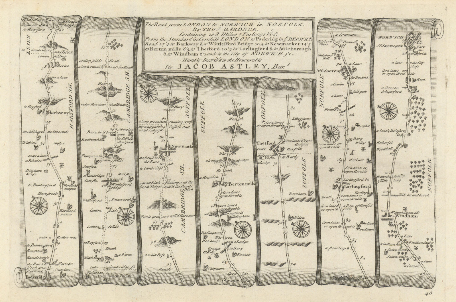 Puckeridge - Newmarket - Thetford - Norwich. GARDNER road map #46 1719 old