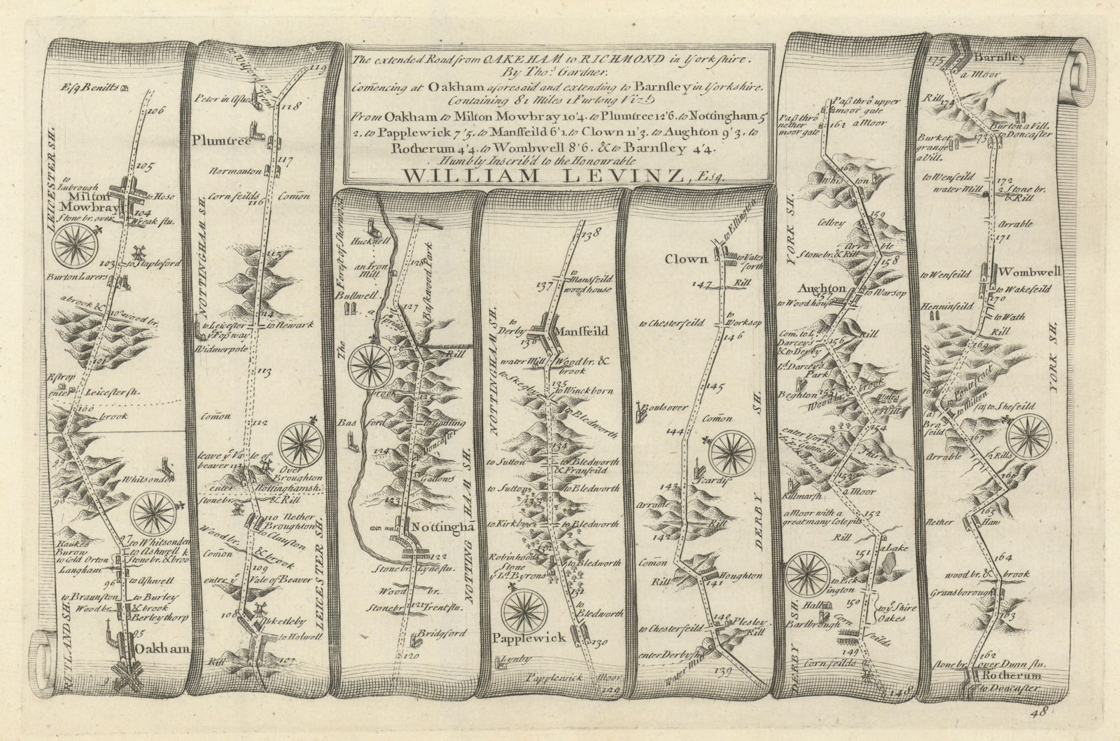 Oakham - Nottingham - Rotherham - Barnsley. GARDNER road map #48 1719 old