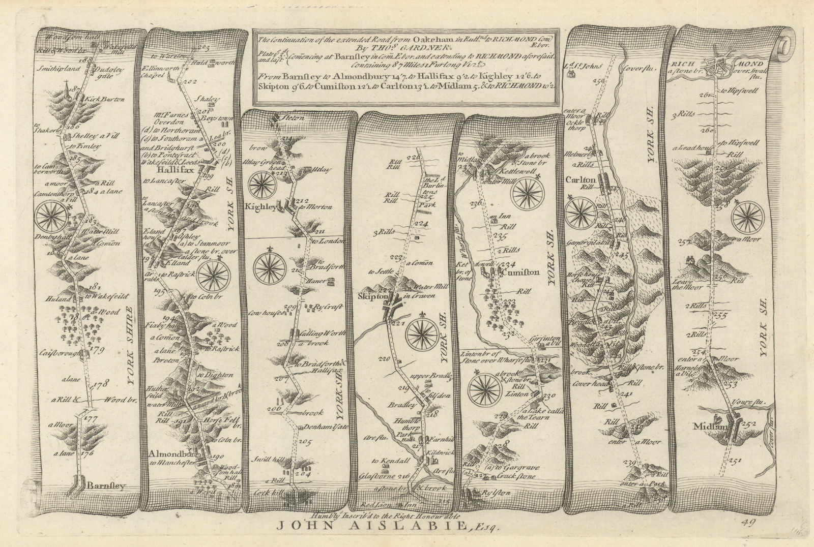 Associate Product Barnsley - Halifax - Skipton - Richmond. GARDNER road map #49 1719 old