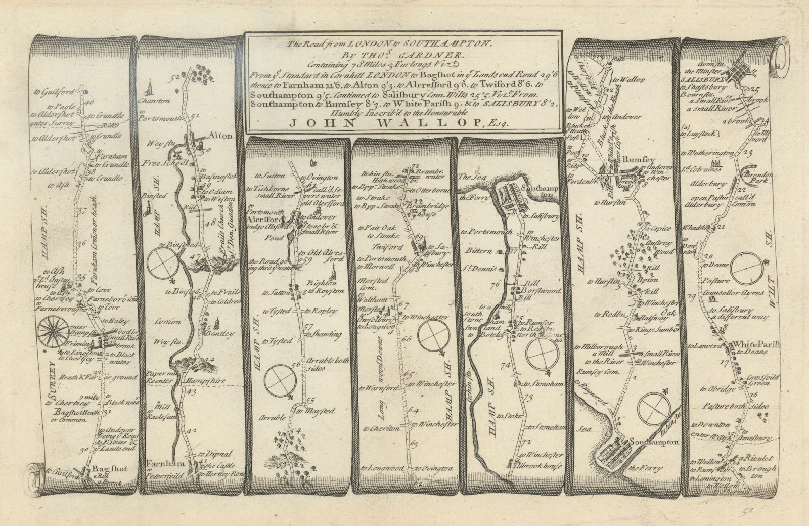 Bagshot - Farnham - Alton - Southampton-Salisbury. GARDNER road map #51 1719