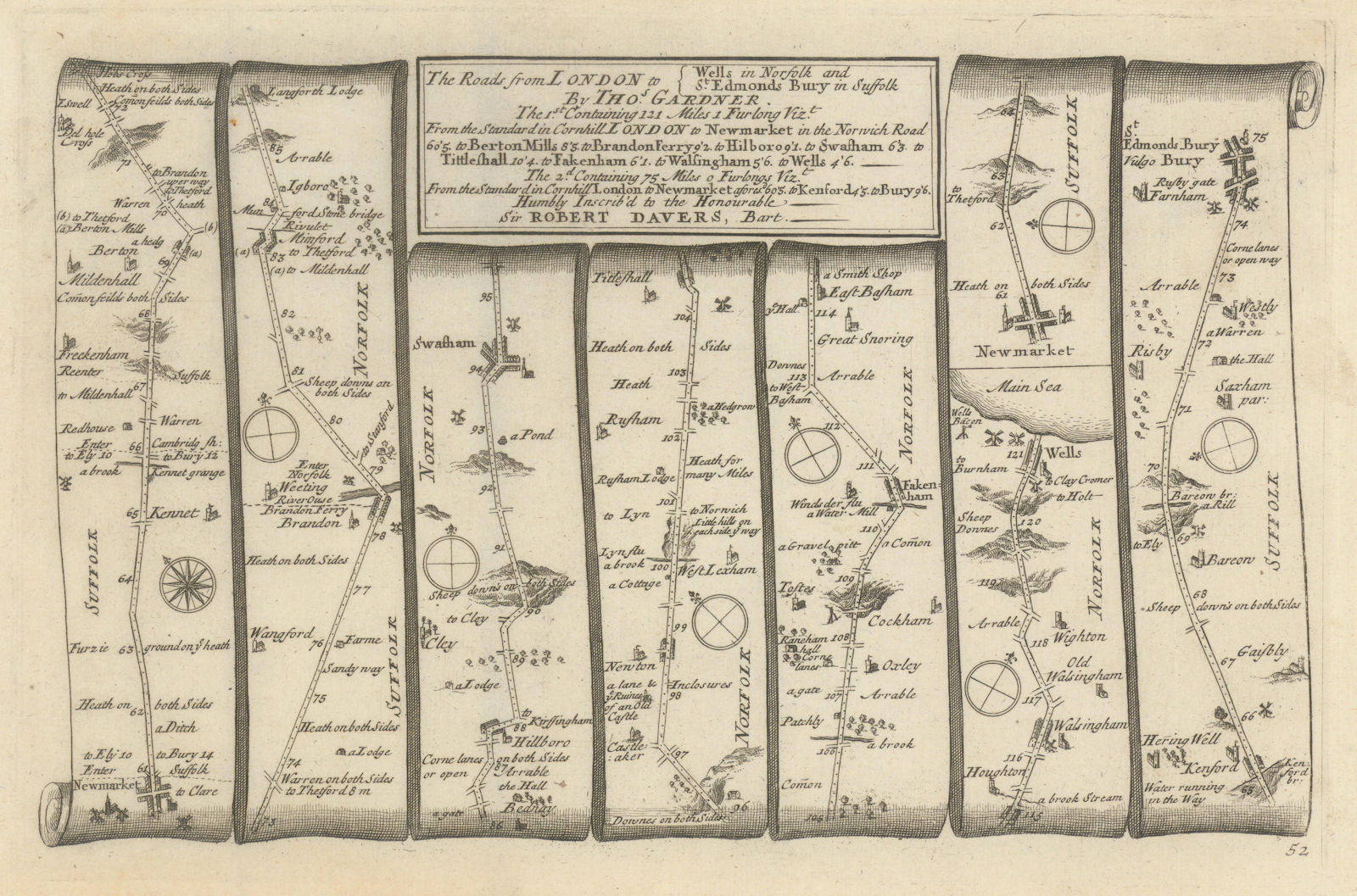 Newmarket - Swaffham - Wells/Sea - Bury St Edmunds GARDNER road map #52 1719