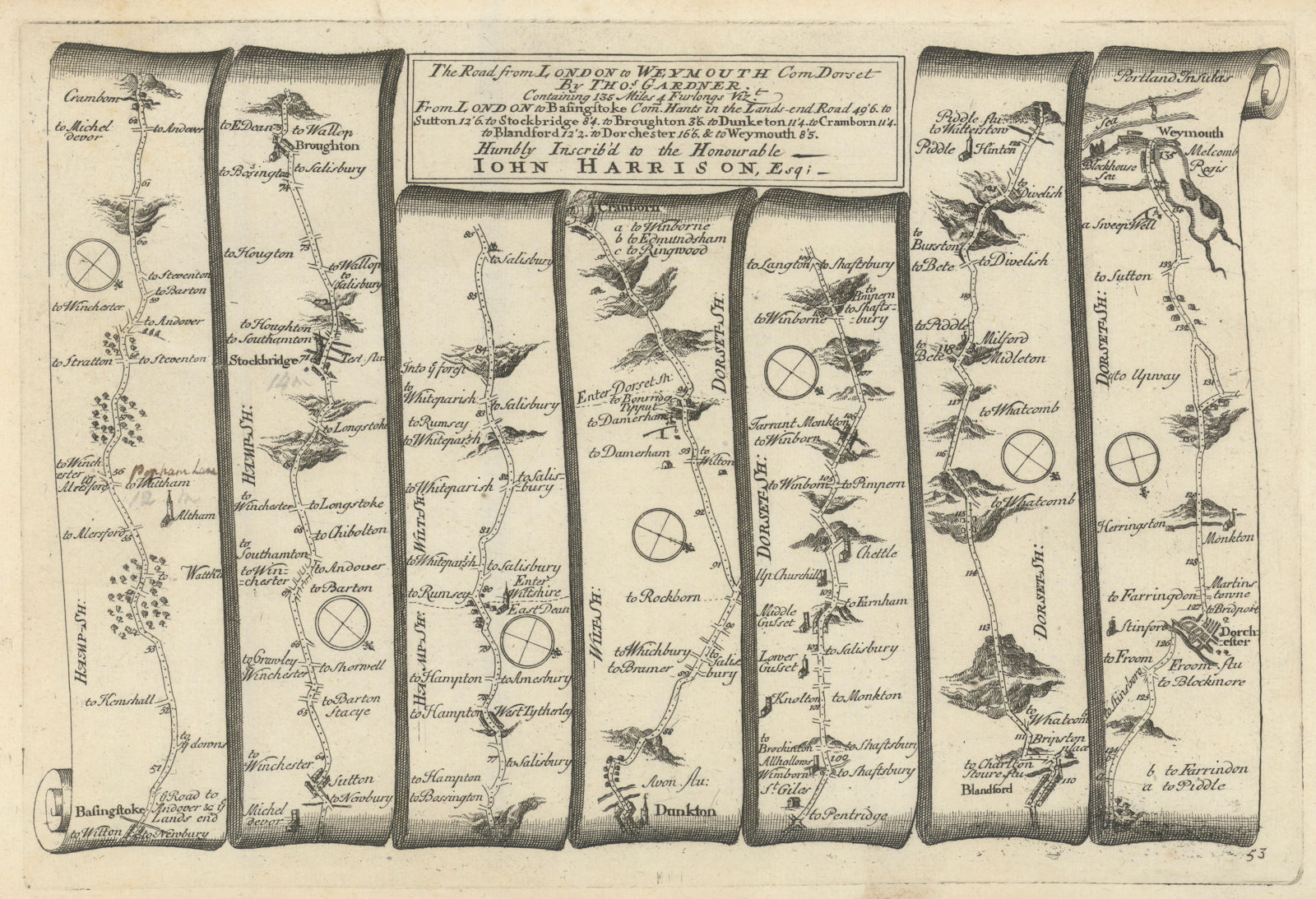 Associate Product Basingstoke - Cranborne - Dorchester - Weymouth. GARDNER road map #53 1719