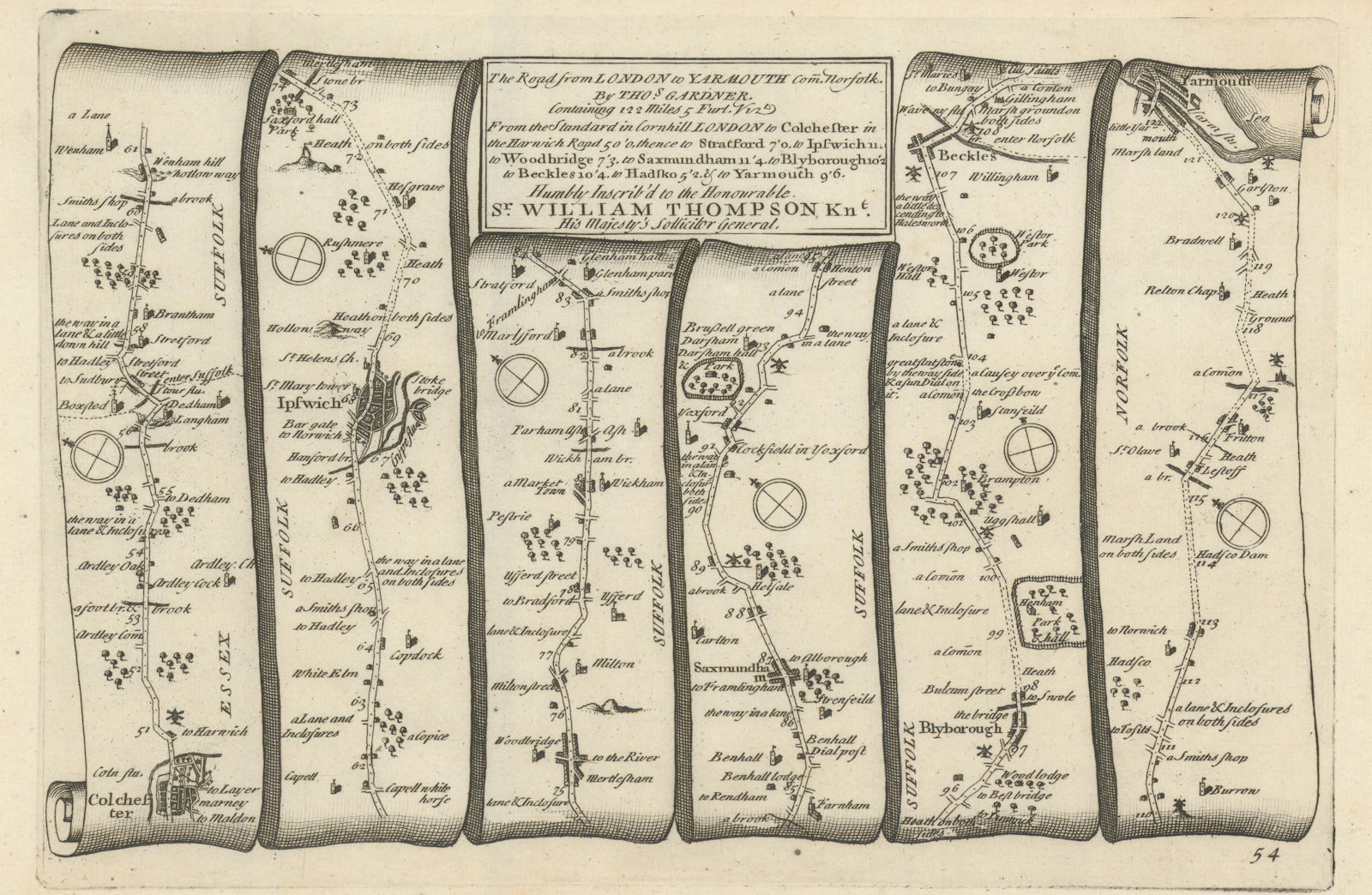 Colchester - Ipswich - Beccles - Great Yarmouth. GARDNER road map #54 1719