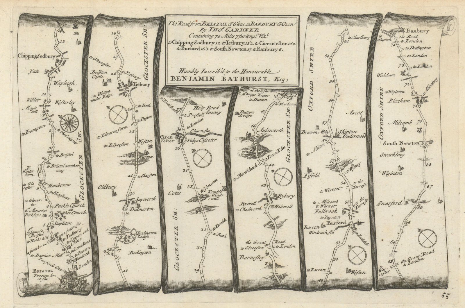 Bristol - Tetbury - Cirencester - Burford-Banbury. GARDNER road map #55 1719