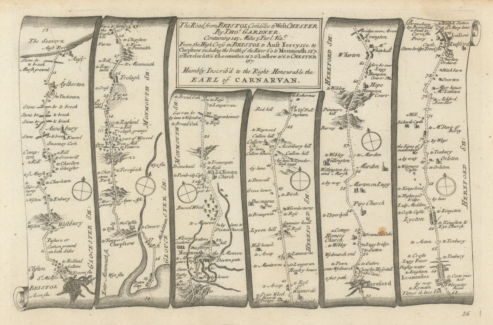 Bristol - Chepstow - Monmouth - Leominster-Ludlow. GARDNER road map #56 1719