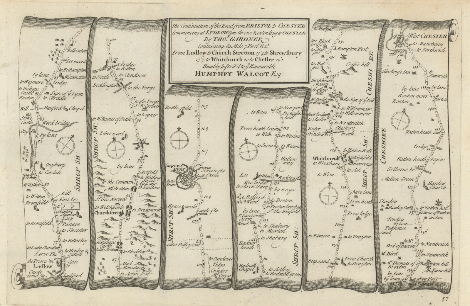 Ludlow - Shrewsbury - Whitchurch - Chester. GARDNER road map #57 1719 old