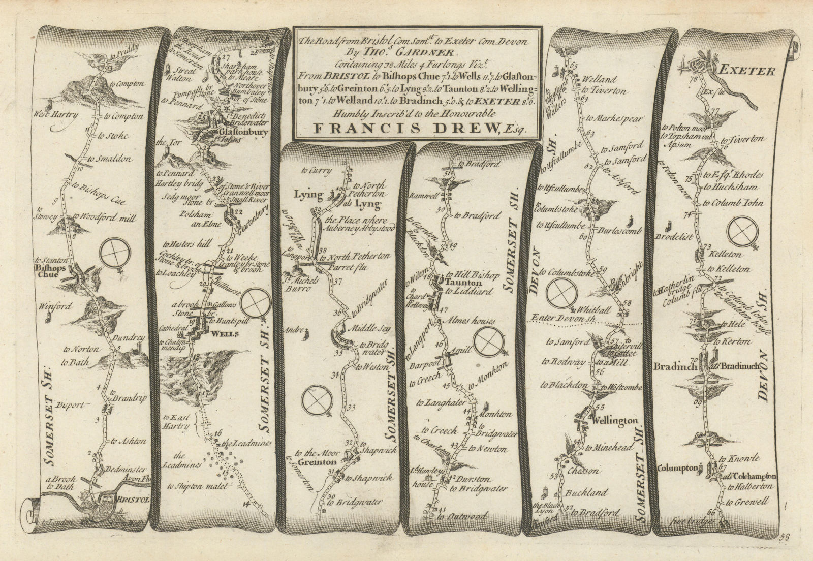 Bristol - Wells - Glastonbury - Taunton - Exeter. GARDNER road map #58 1719