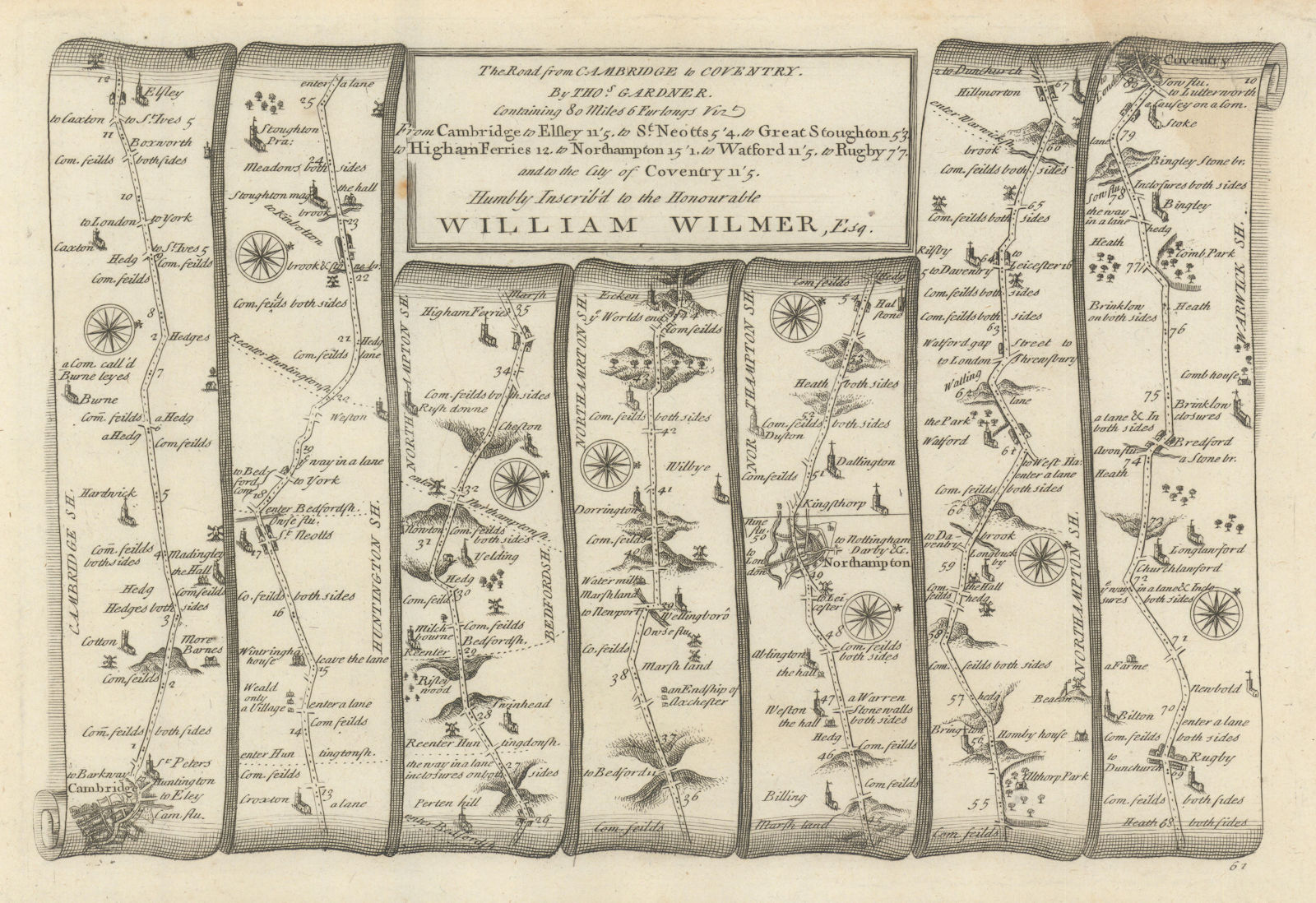 Cambridge - Northampton - Rugby - Coventry. GARDNER road map #61 1719 old