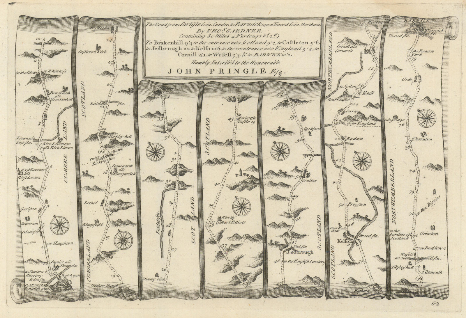 Carlisle - Jedburgh - Kelso - Berwick-upon-Tweed. GARDNER road map #62 1719