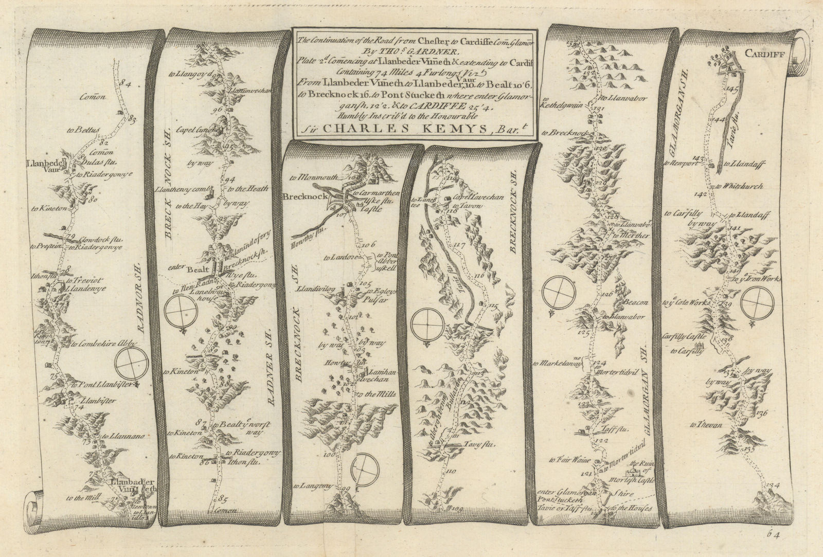 Llanbadarn Fynydd - Brecon - Cardiff. GARDNER road map #64 1719 old