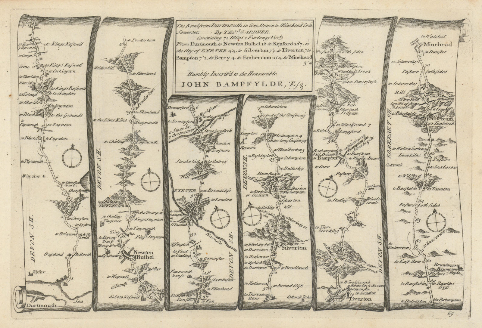 Dartmouth - Exeter - Tiverton - Minehead. GARDNER road map #65 1719 old