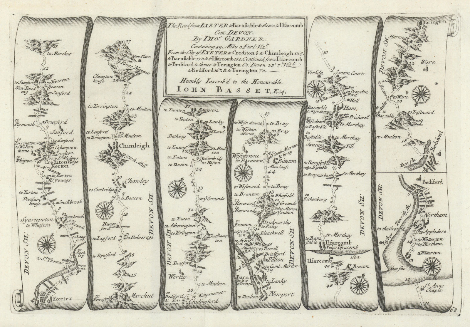 Exeter - Barnstaple - Bideford - Torrington. GARDNER road map #68 1719 old