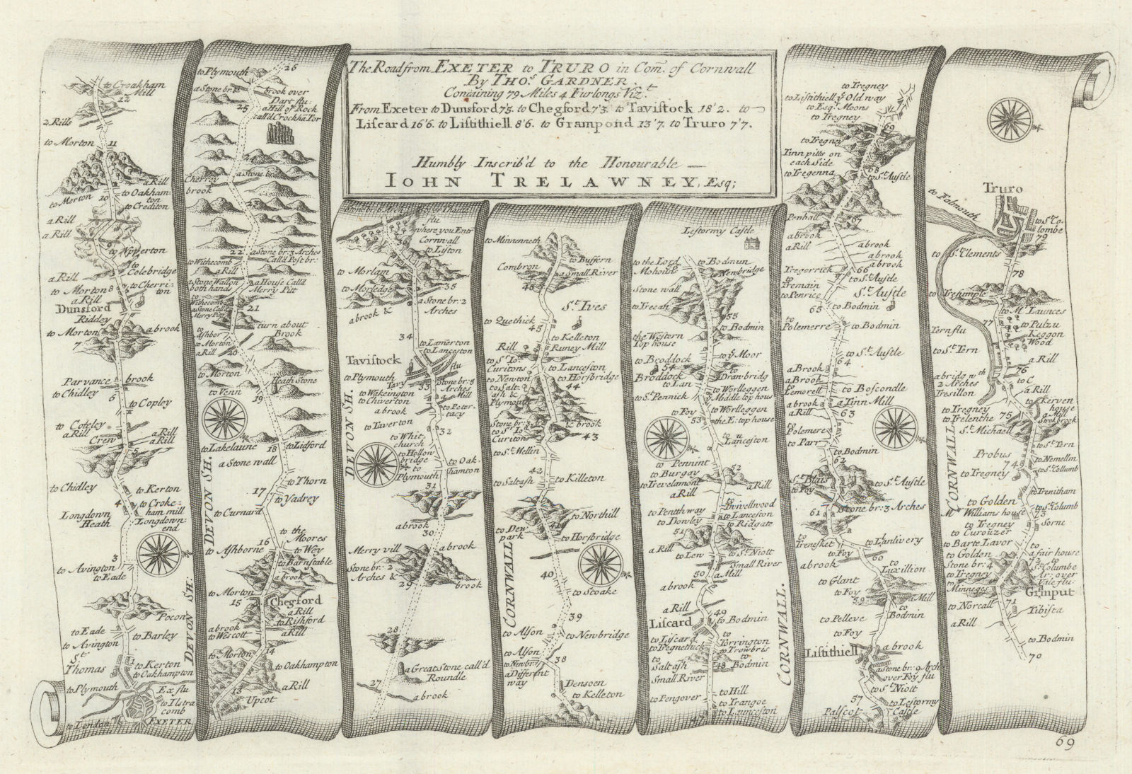 Exeter - Chagford - Tavistock - St Ives - Truro. GARDNER road map #69 1719