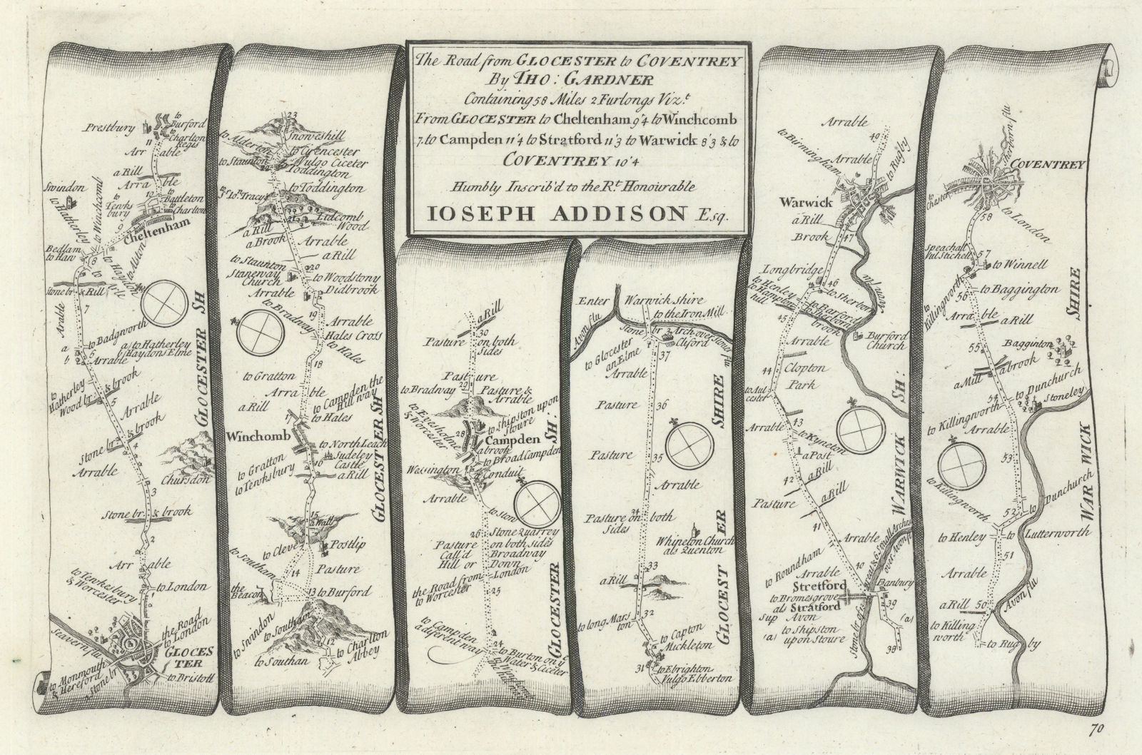 Gloucester-Cheltenham-Stratford-Warwick-Coventry. GARDNER road map #70 1719