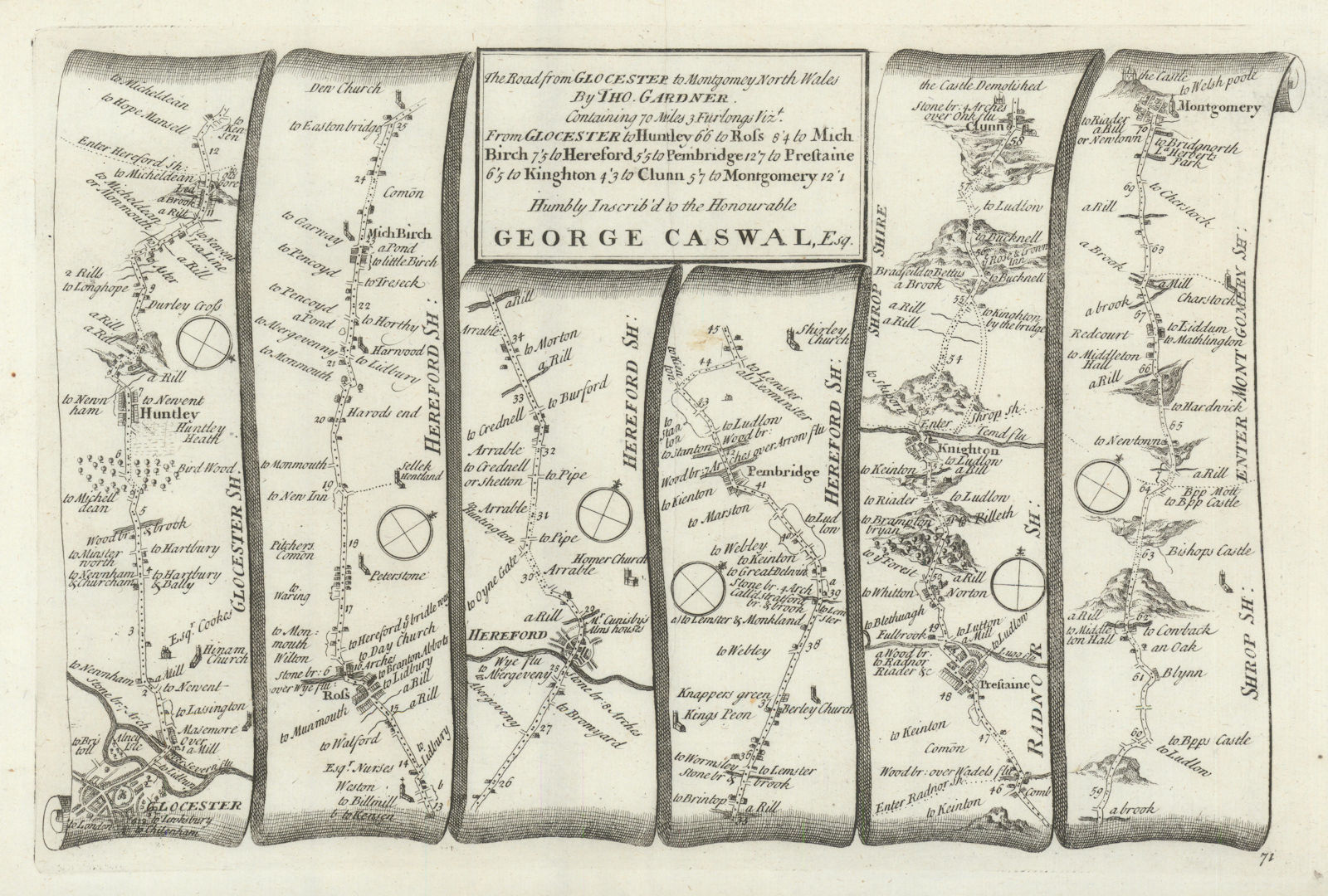 Gloucester - Ross/Wye - Hereford - Montgomery. GARDNER road map #71 1719