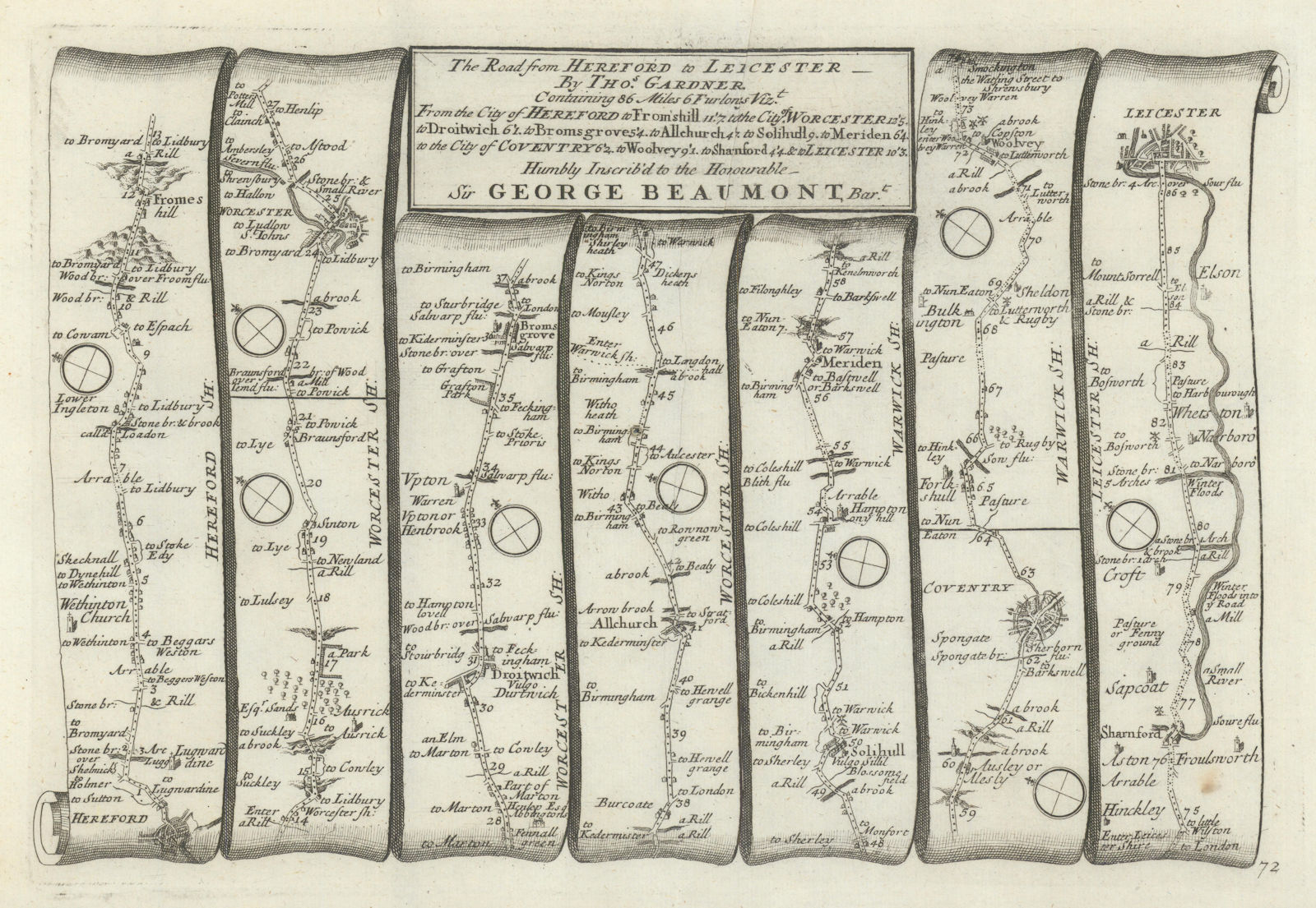 Hereford-Worcester-Solihull-Coventry-Leicester. GARDNER road map #72 1719