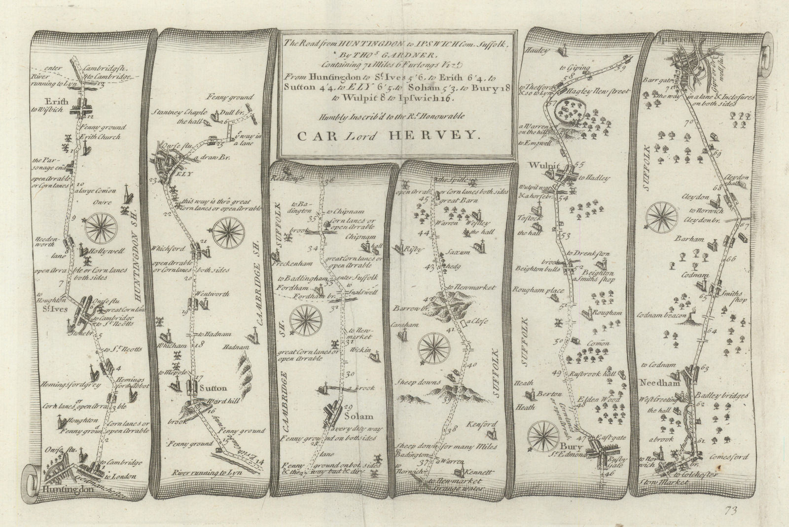 Huntingdon - Ely - Soham - Bury St Edmunds-Ipswich GARDNER road map #73 1719