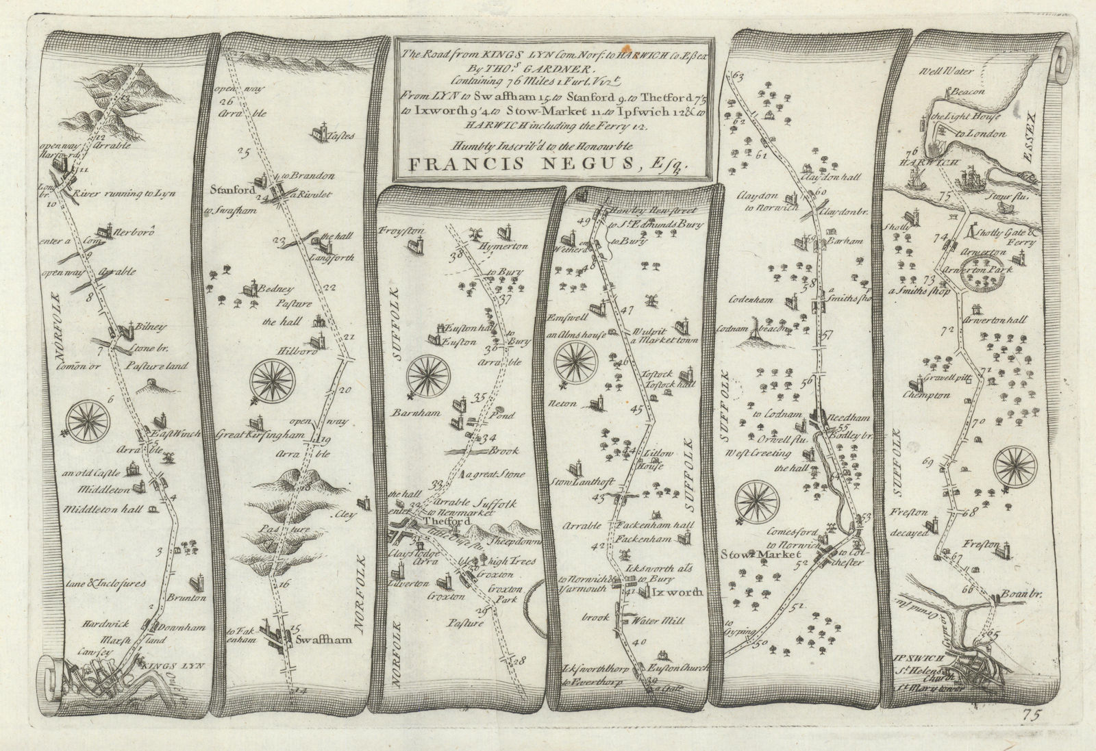 Associate Product King's Lynn - Stowmarket - Ipswich - Harwich. GARDNER road map #75 1719