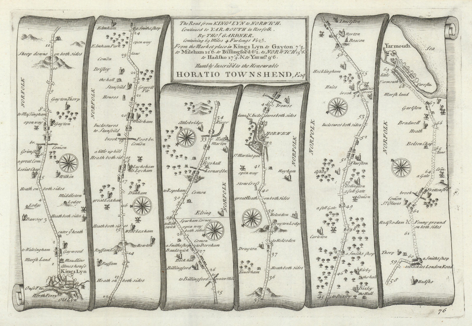 King's Lynn - Norwich - Thorpe - Great Yarmouth. GARDNER road map #76 1719