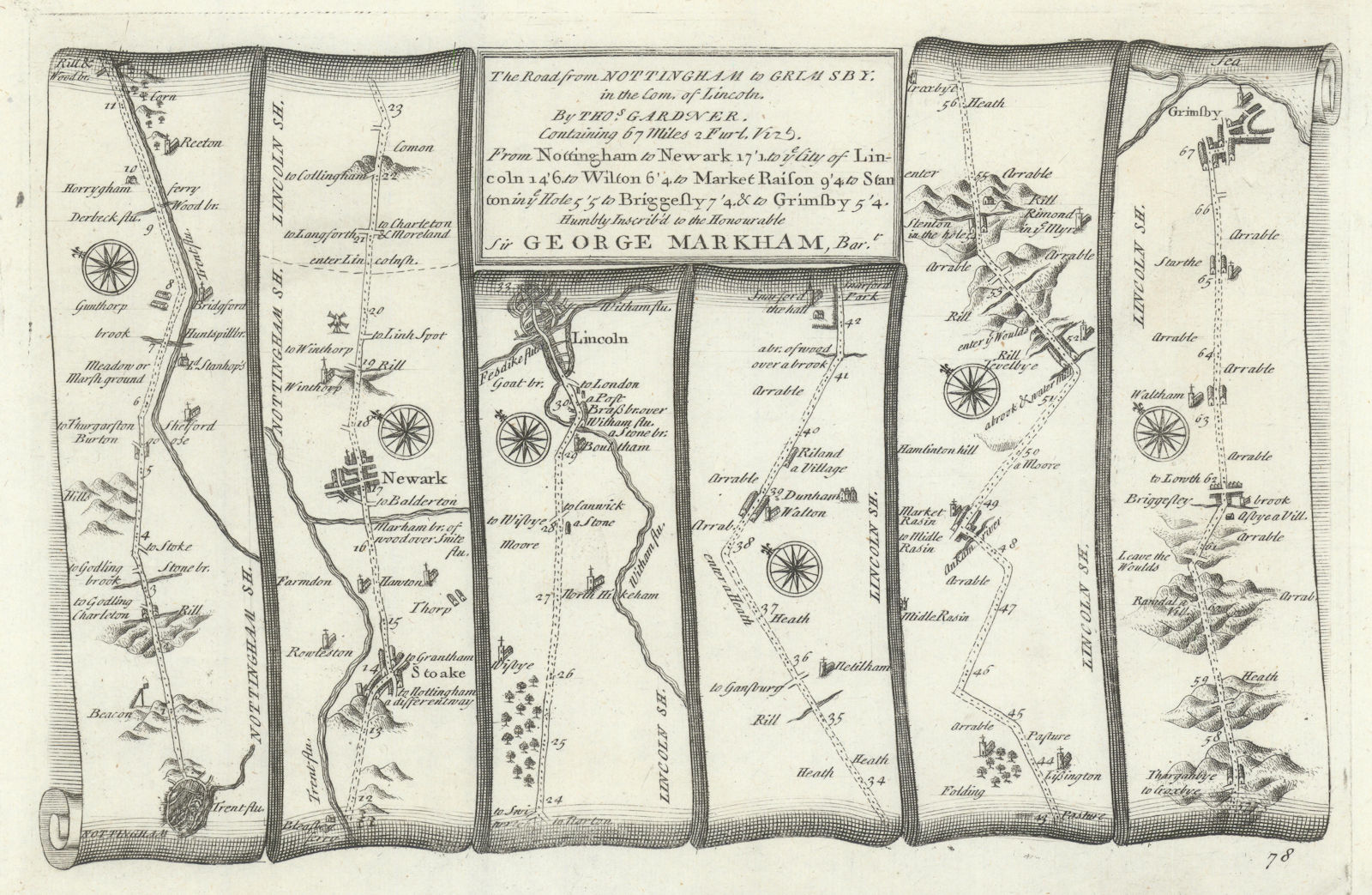 Nottingham - Newark on Trent - Lincoln - Grimsby. GARDNER road map #78 1719