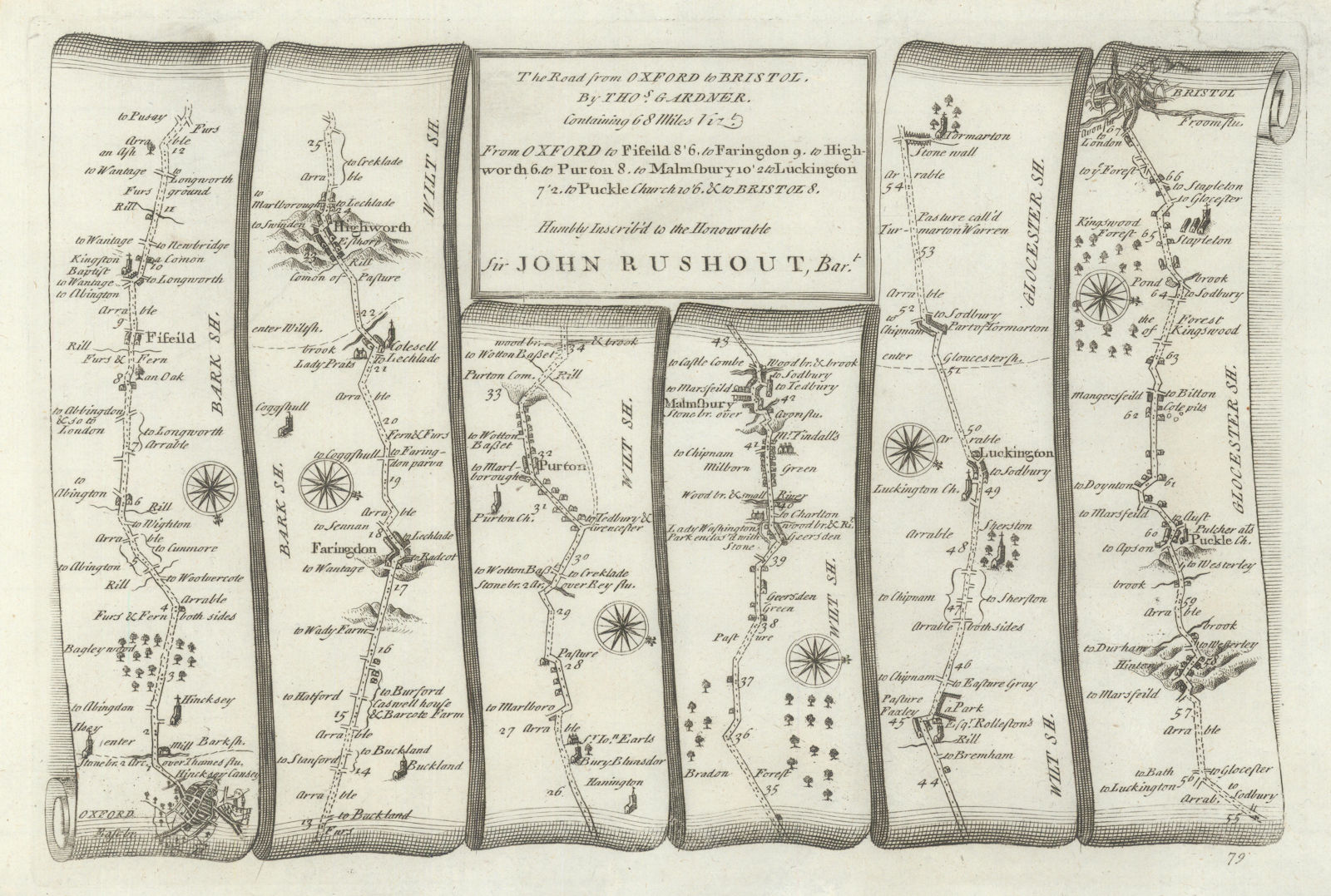 Oxford - Faringdon - Malmesbury - Bristol. GARDNER road map #79 1719 old