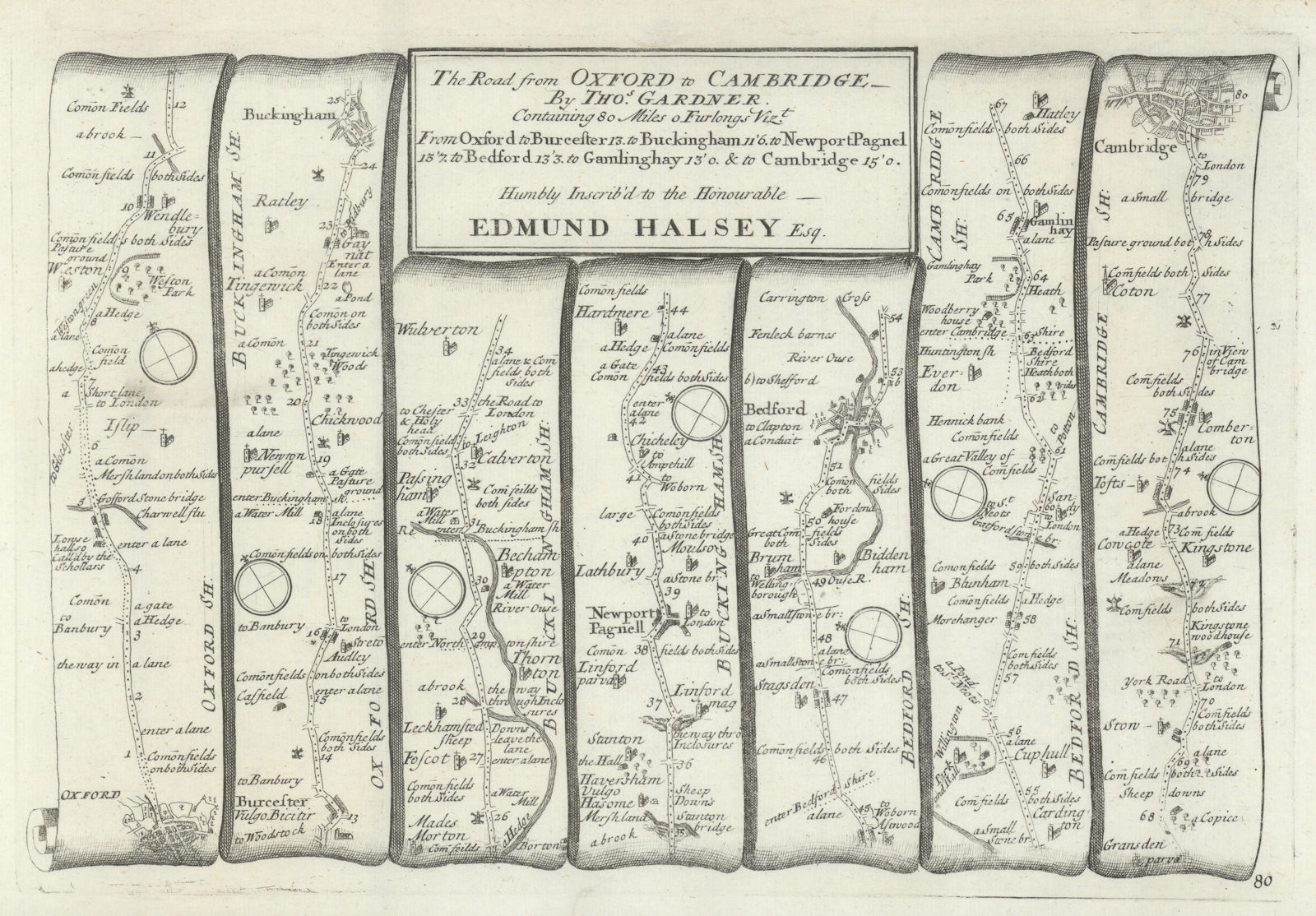 Oxford-Bicester-Buckingham-Bedford-Cambridge. GARDNER road map #80 1719