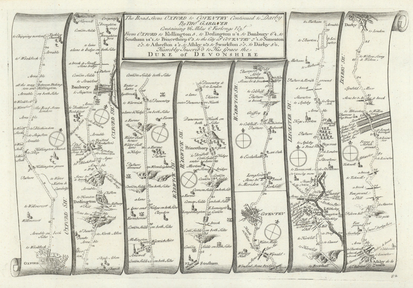 Oxford - Banbury - Coventry - Nuneaton - Derby. GARDNER road map #82 1719