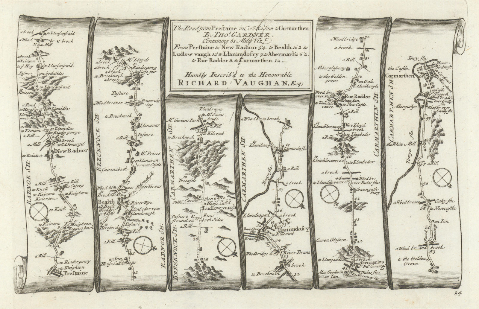 Presteigne - Radnor - Llandovery - Carmarthen. GARDNER road map #84 1719