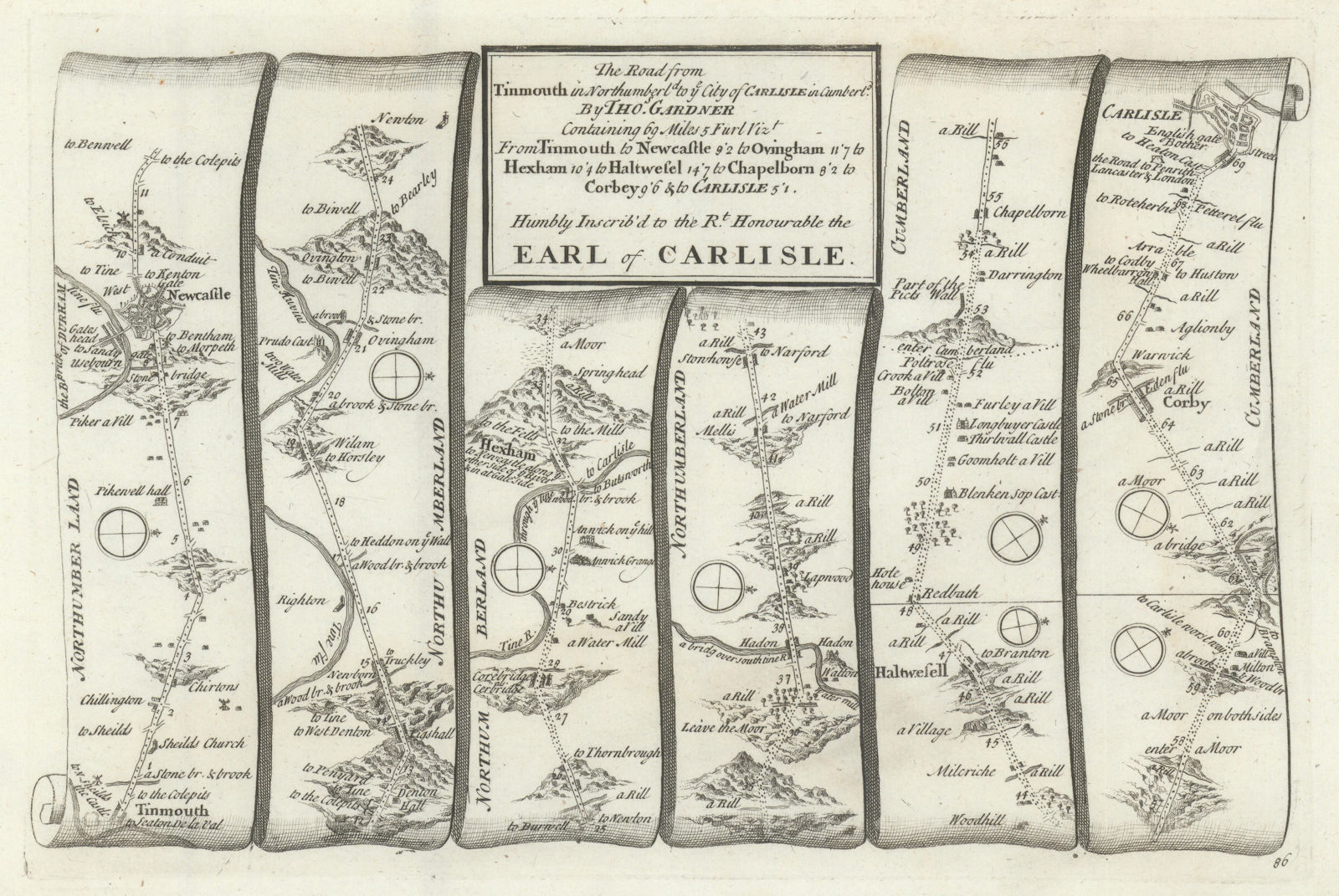 Tynemouth - Newcastle on Tyne - Hexham - Carlisle. GARDNER road map #86 1719