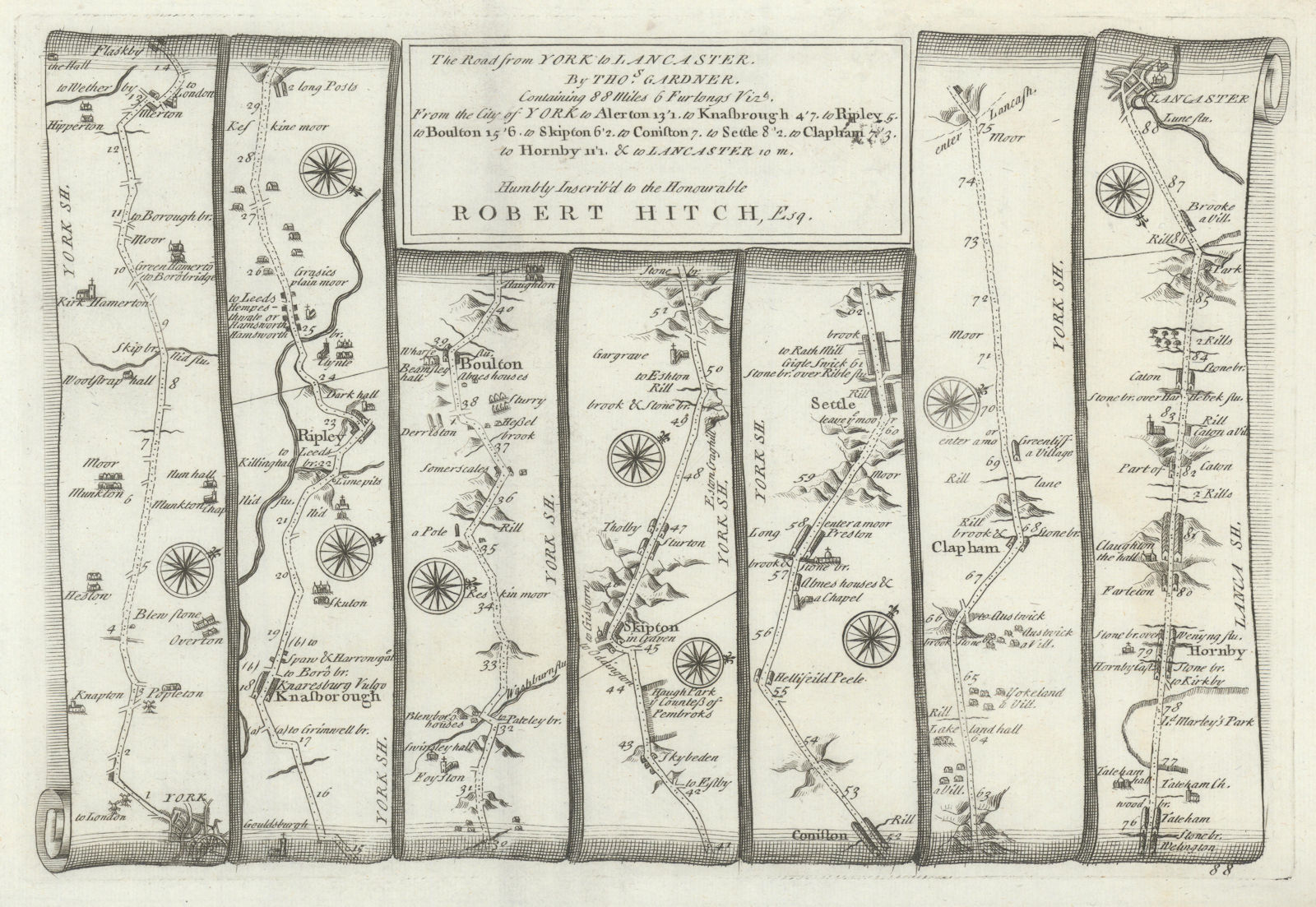 York - Ripley - Skipton - Settle - Lancaster. GARDNER road map #88 1719