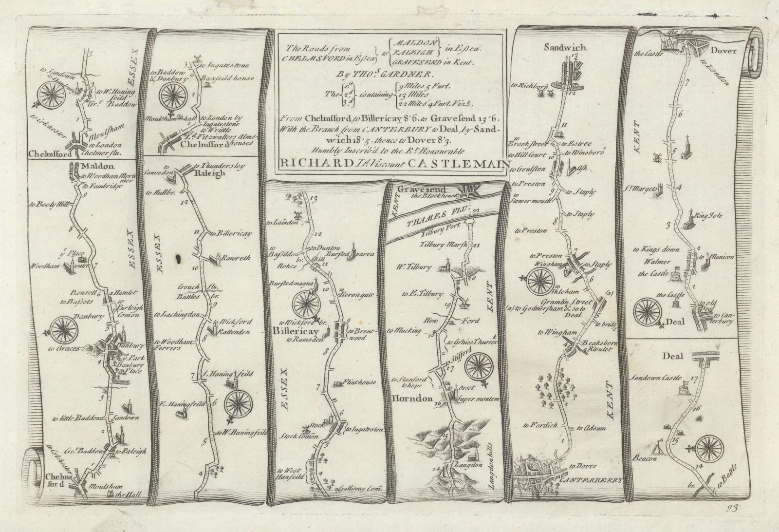 Associate Product Chelmsford-Gravesend-Canterbury-Sandwich-Dover. GARDNER road map #93 1719