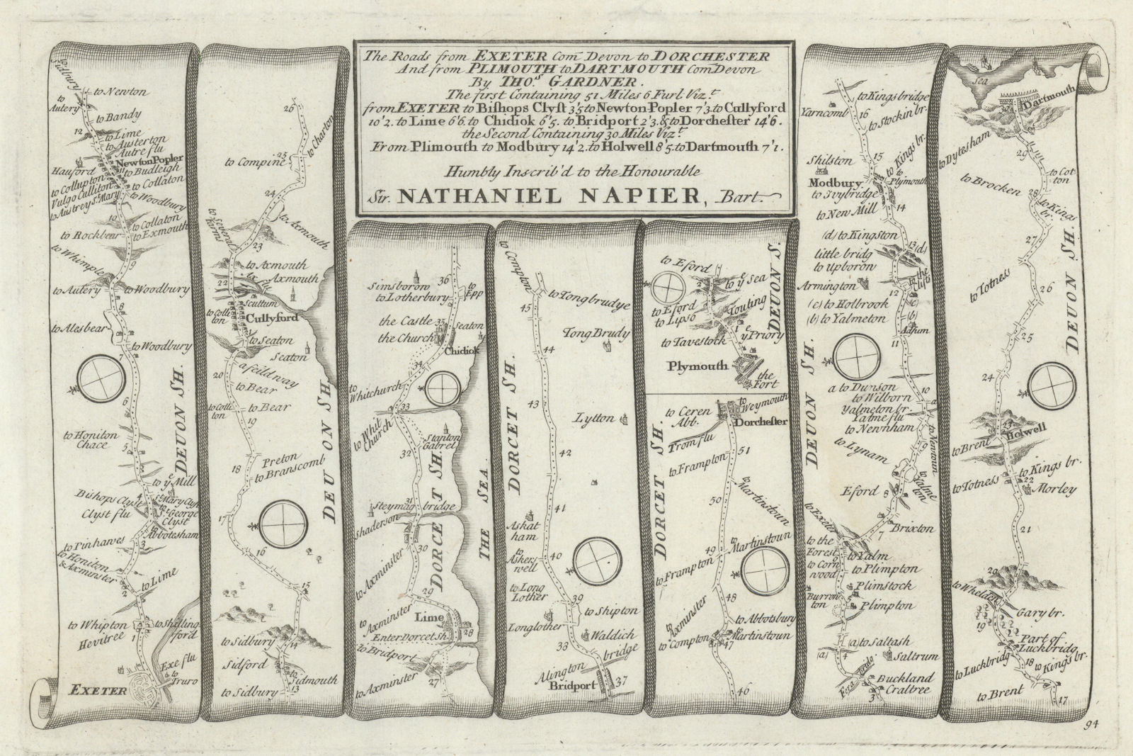 Exeter-Lyme Regis-Dorchester-Plymouth-Dartmouth. GARDNER road map #94 1719