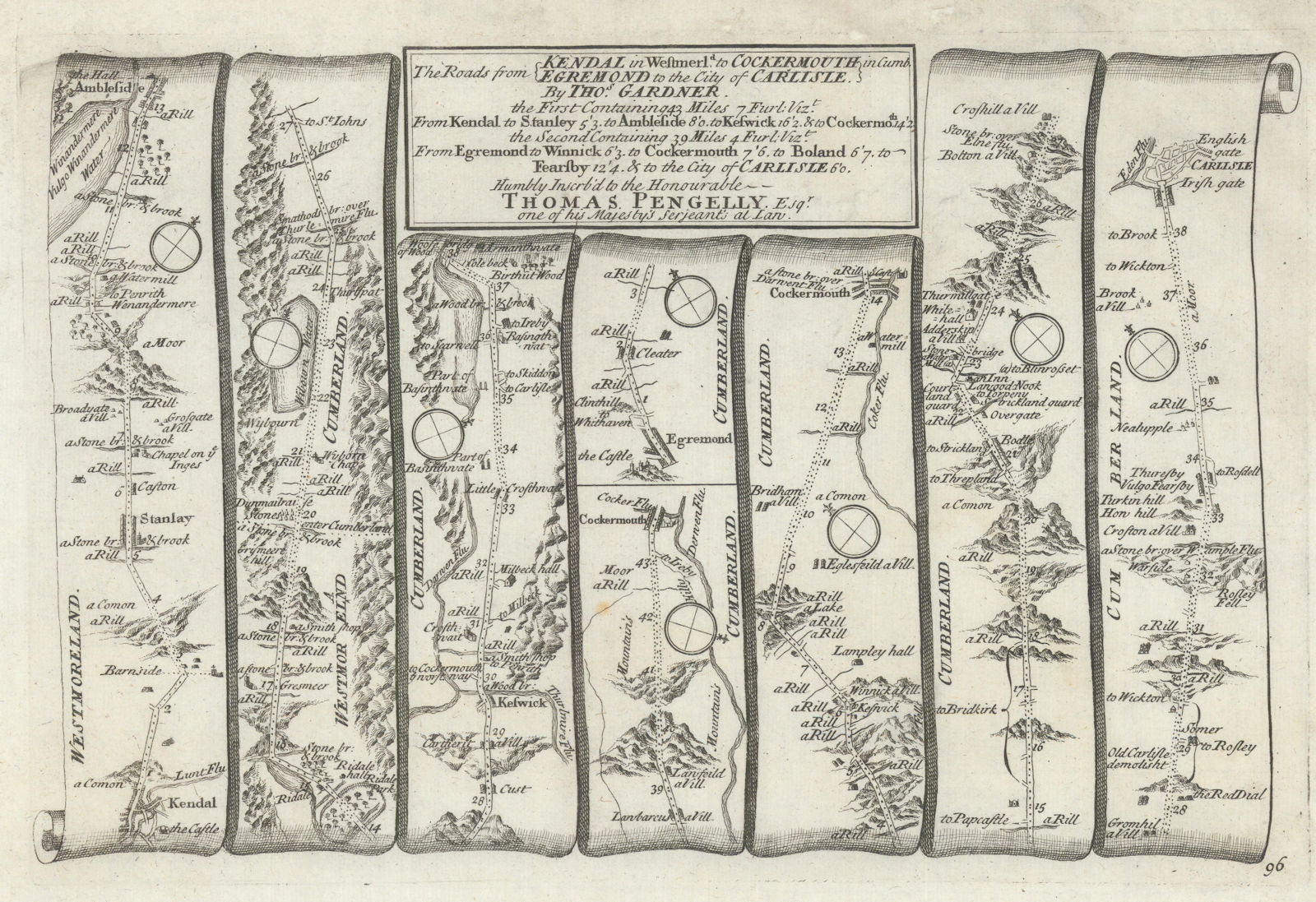 Kendal - Windermere - Ambleside - Keswick-Carlisle GARDNER road map #96 1719