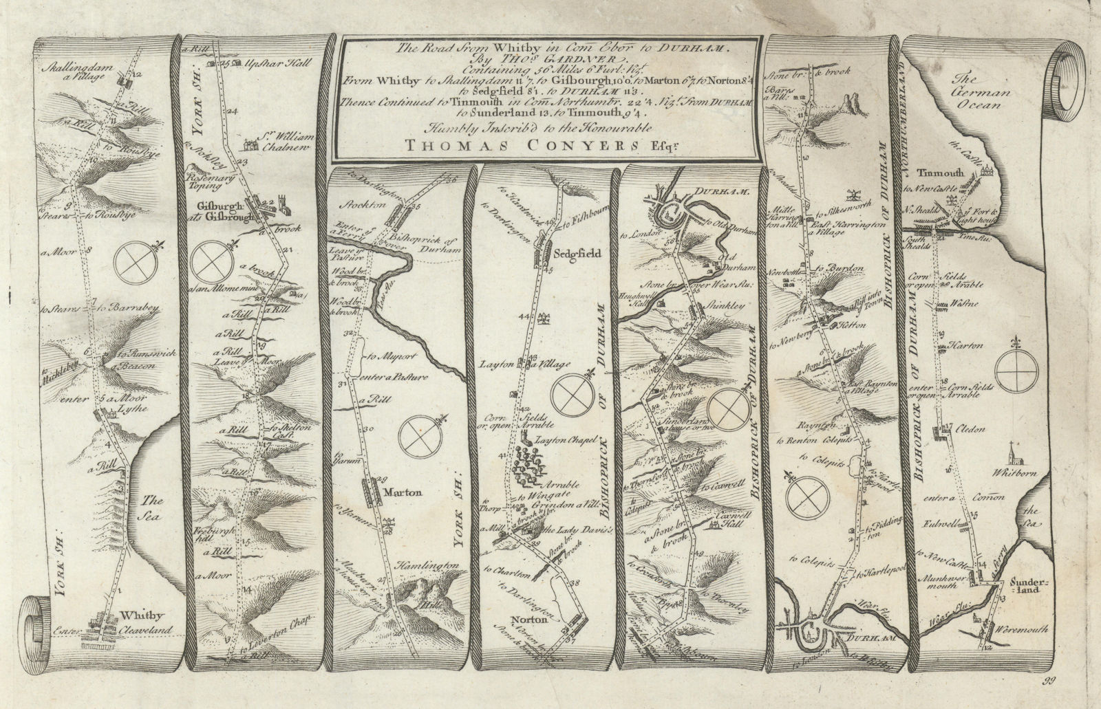Whitby - Stockton - Durham - Sunderland-Tynemouth GARDNER road map #99 1719