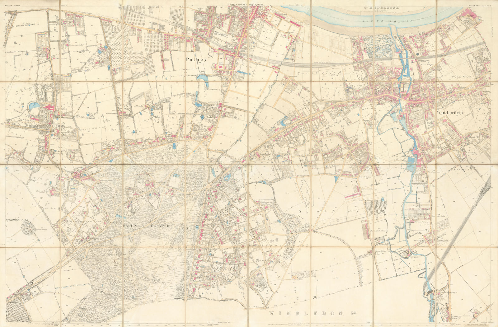 Putney, Wandsworth & Roehampton Ordnance Survey folding map 203x133cm c1870