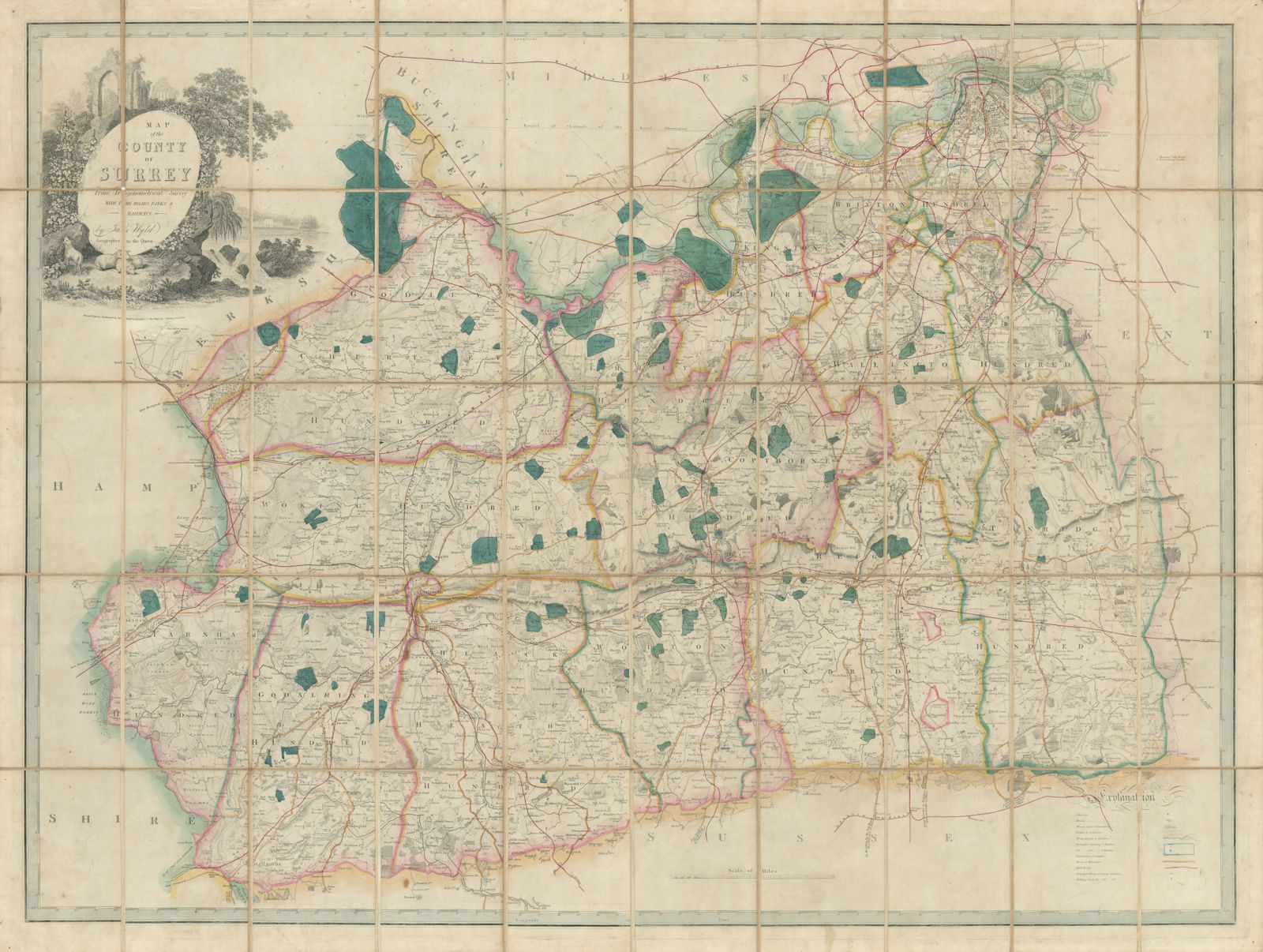 Associate Product The County of Surrey from Trigonometrical Survey. James Wyld 117x88cm 1874 map