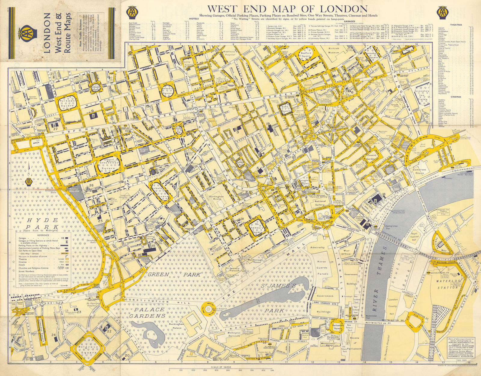 West End map of London, showing… parking places on bombed sites 60x77cm AA 1961