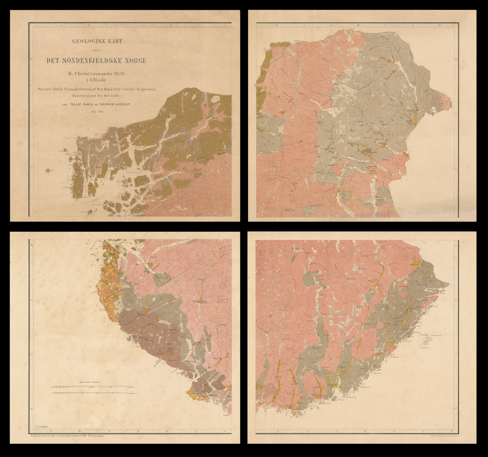 Geologisk Kart over det Söndenfjeldske Norge II Christiansands Stift 1863 map