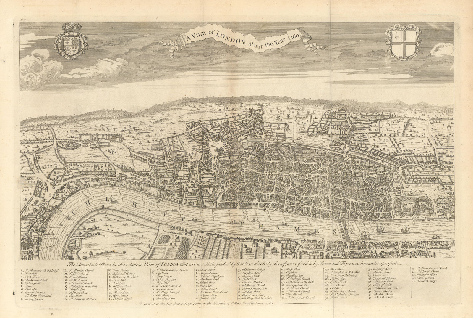 A View of London about the year 1560. Bird's eye view of Elizabethan London 1760