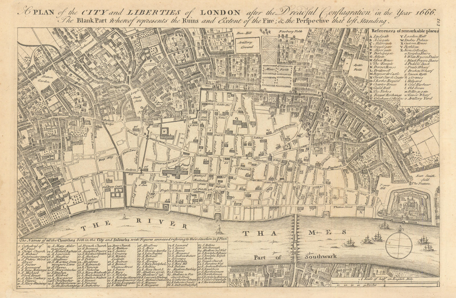 City & Liberties of London after the… Conflagration of 1666. BOWEN 1760 map