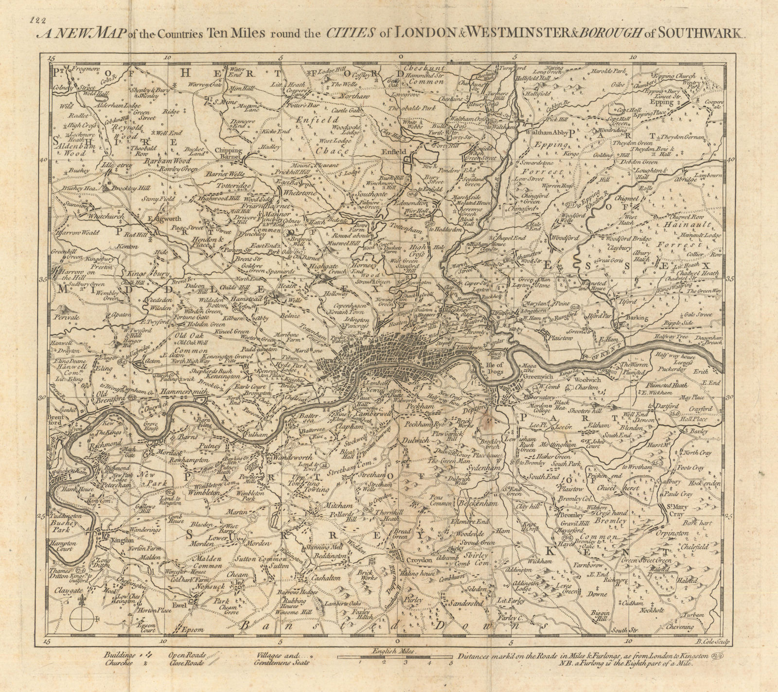 A New Map of the Countries Ten Miles round the Cities of London… COLE 1760