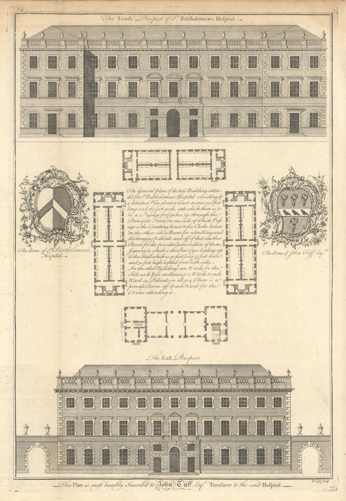 St Bartholomew's Hospital - Views & General Plan by Benjamin Cole 1760 print