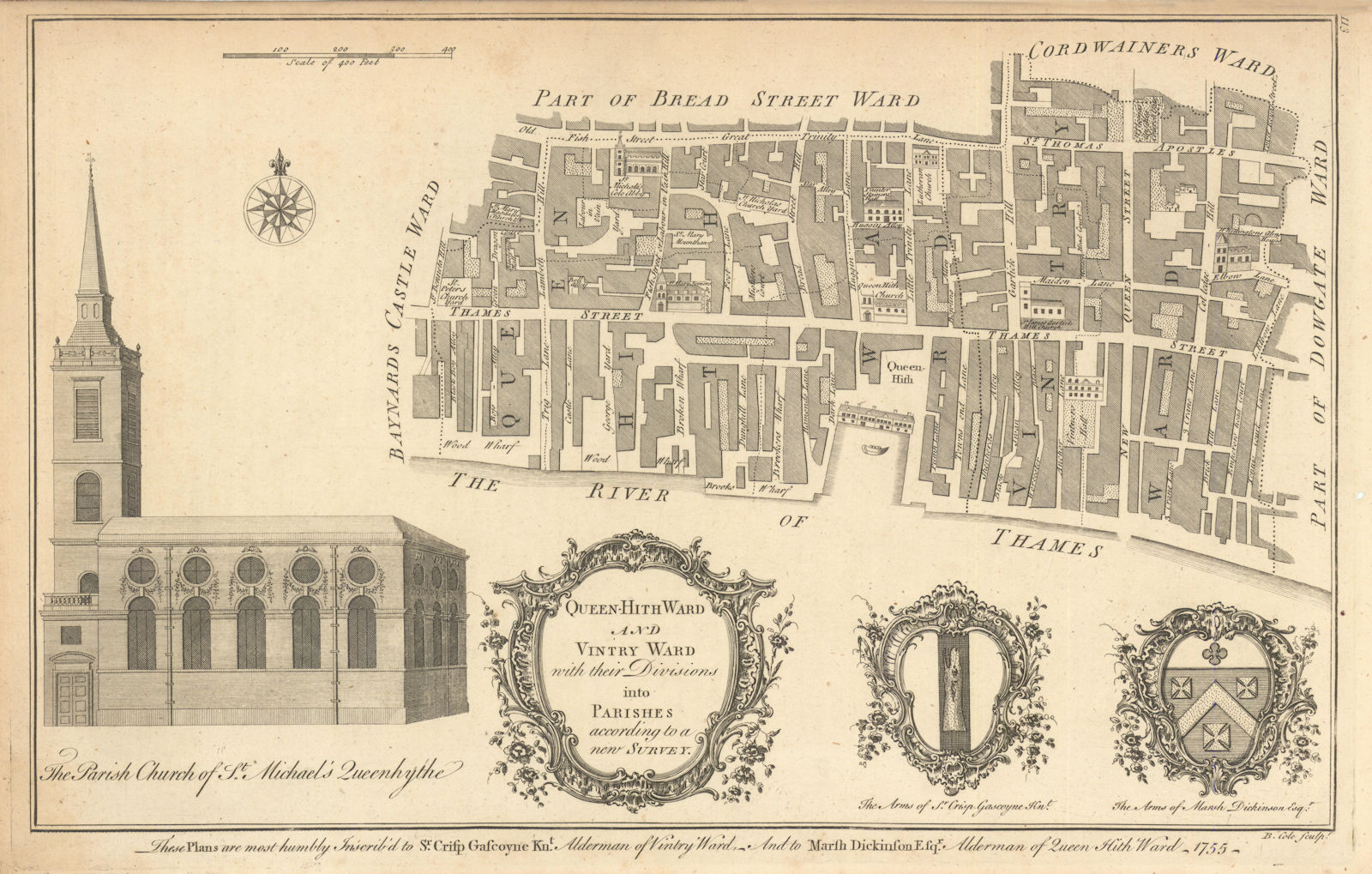 Queen-Hith Ward & Vintry Ward with their divisions… City of London COLE 1760 map