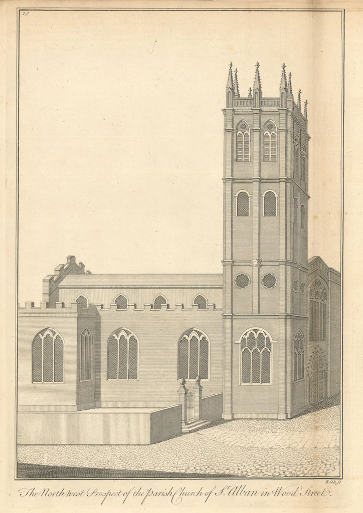 The Parish Church of St Alban in Wood Street by Benjamin Cole 1760 old print