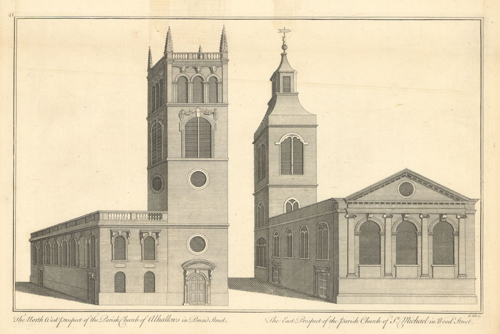 All Hallows, Bread Street & St Michael's Wood Street by Benjamin Cole 1760